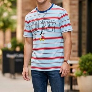 Nwt Mickey mouse cursive with mickey posing on this short sleeve striped ringer